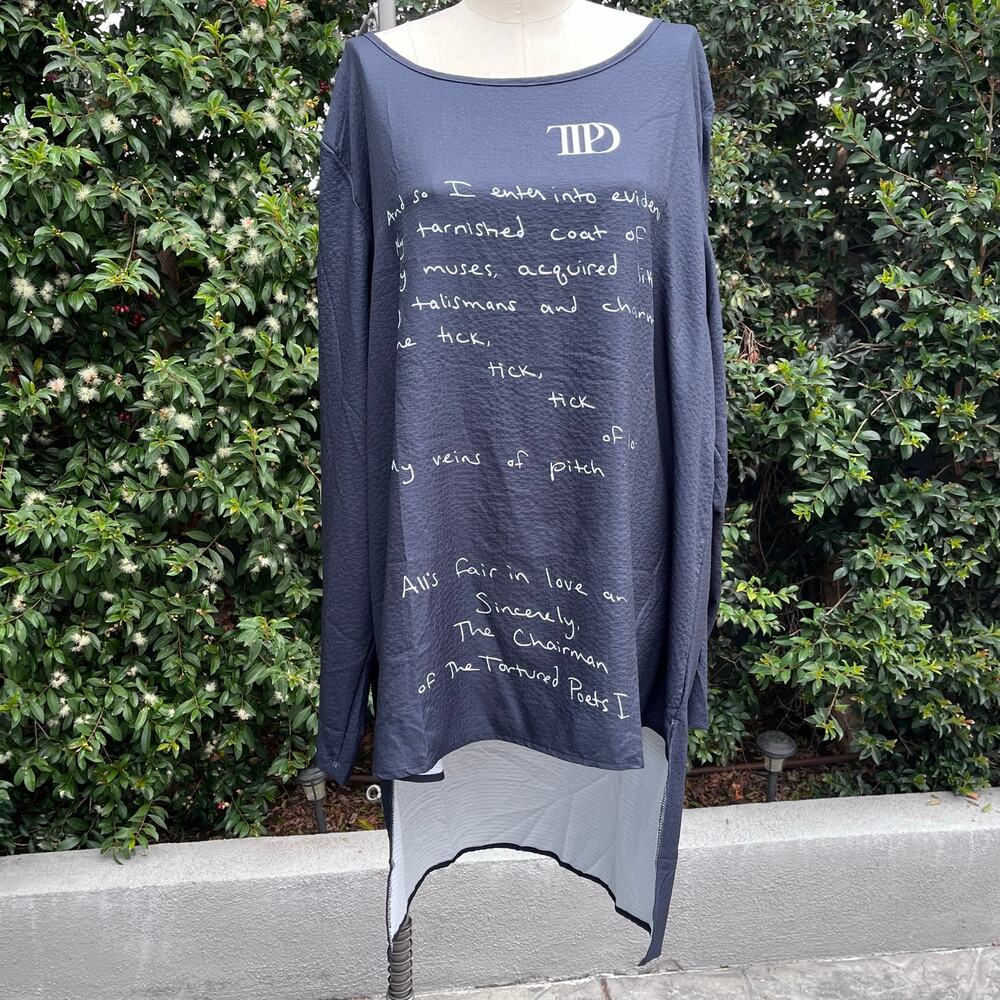 Tortured Poets Inspired Tunic Top 3XL Black Gray Long Sleeve Graphic Shirt NWOT